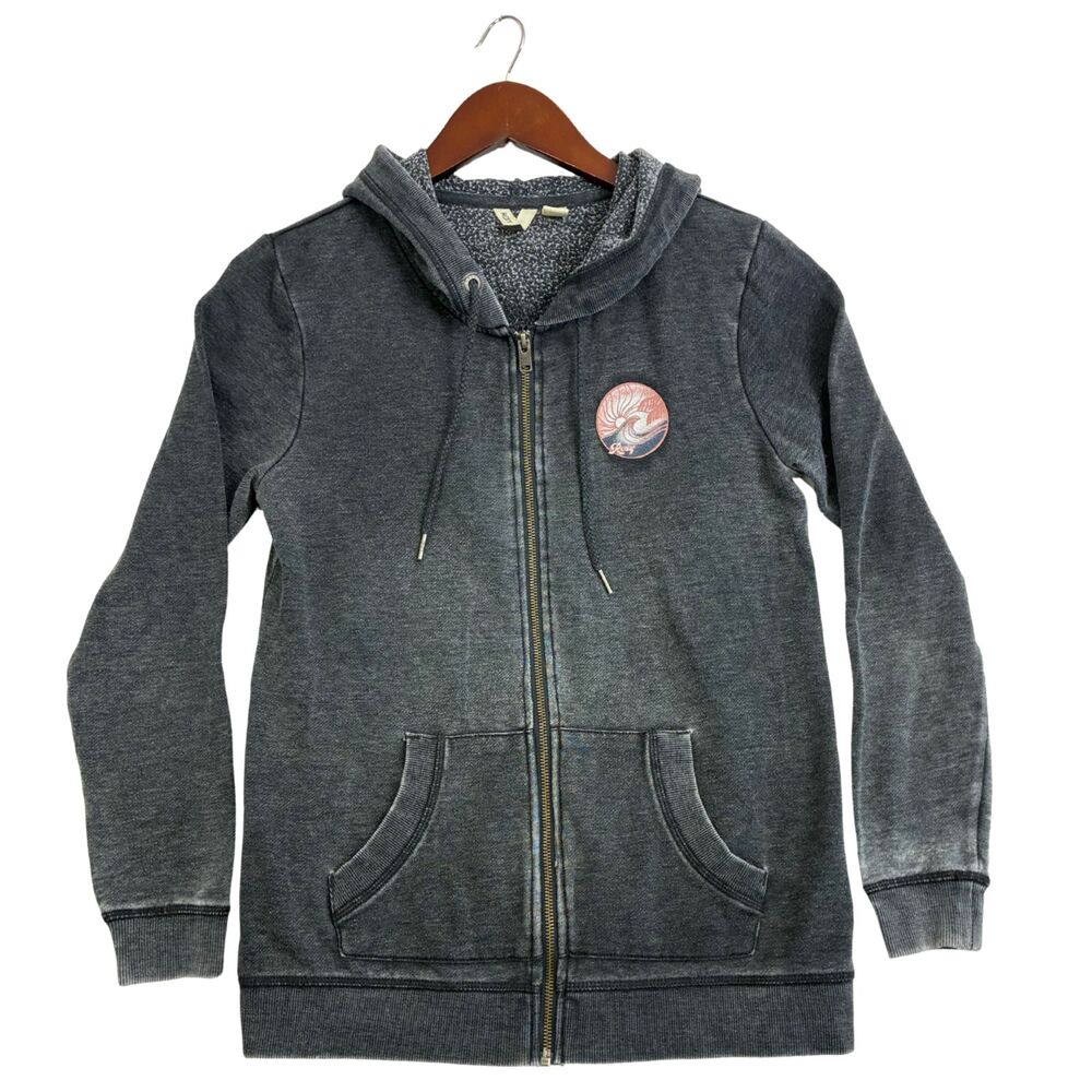 Roxy Womens M Gray Full Zip Hoodie Surf Wave Graphic Fleece Sweatshirt Jacket